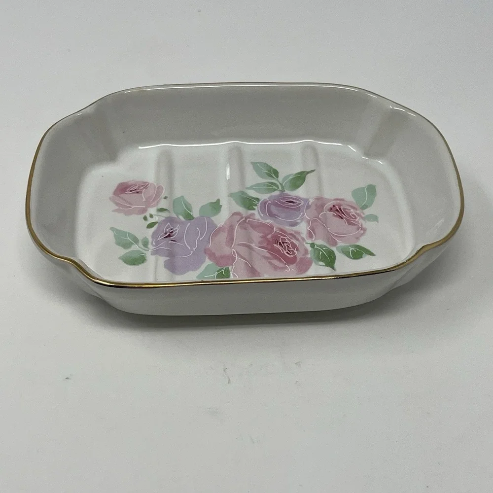 Vintage Ceramic Soap Dish Pink Purple Roses Gold Trim Made in Japan Vanity Tray